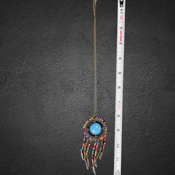 Dreamcatcher necklace blue stone in center, dangly feathers, multicolor beads - Picture 7 of 7